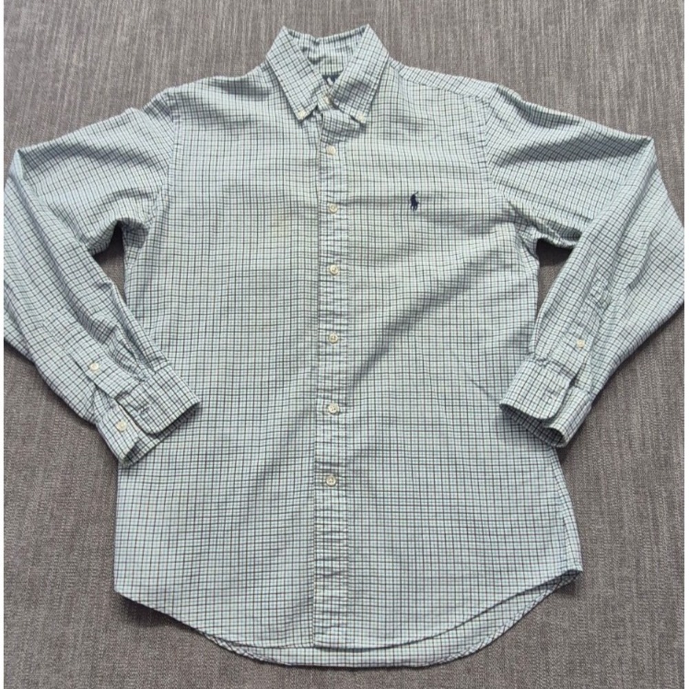 Ralph Lauren mens white blue plaid LS custom fit button up shirt S/P cotton